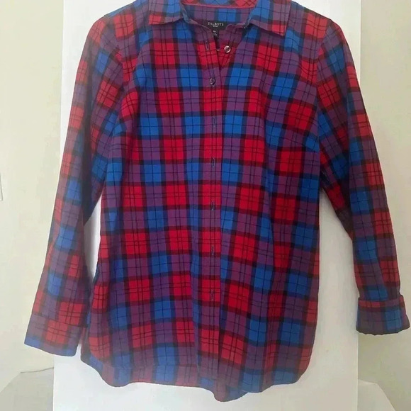 Women’s Talbots plaid button down in red, blue, purple, and black. Size Small P - Picture 2 of 11